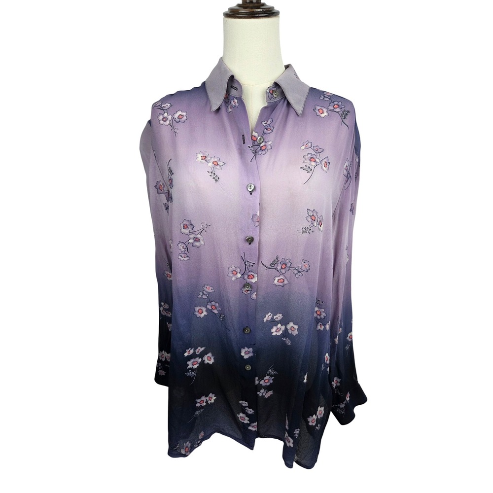 Liz Claiborne Collection Silk Vintage Button Shirt 8 Purple Ombre Floral Fairy